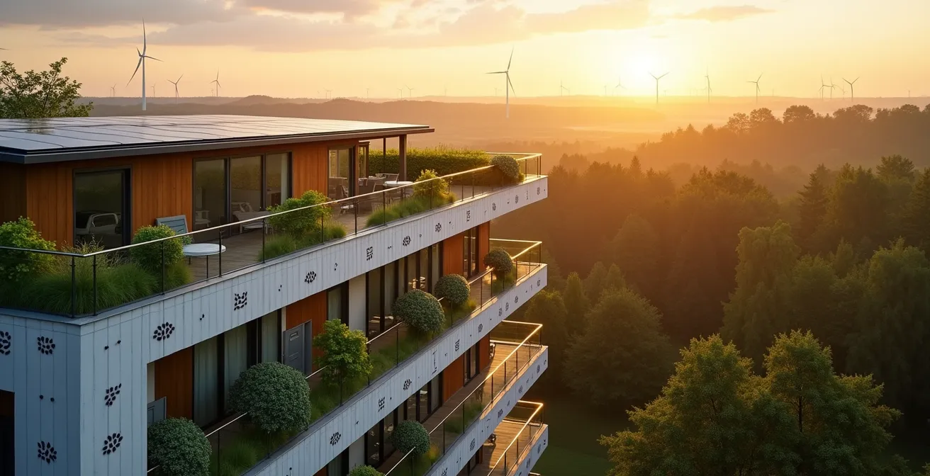 Energieeffizientes Hotel mit Solarpaneelen und grünem Dachgarten