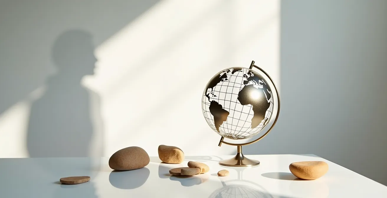 Weitwinkelaufnahme eines modernen Arbeitsplatzes mit symbolischen Weltkarten-Elementen