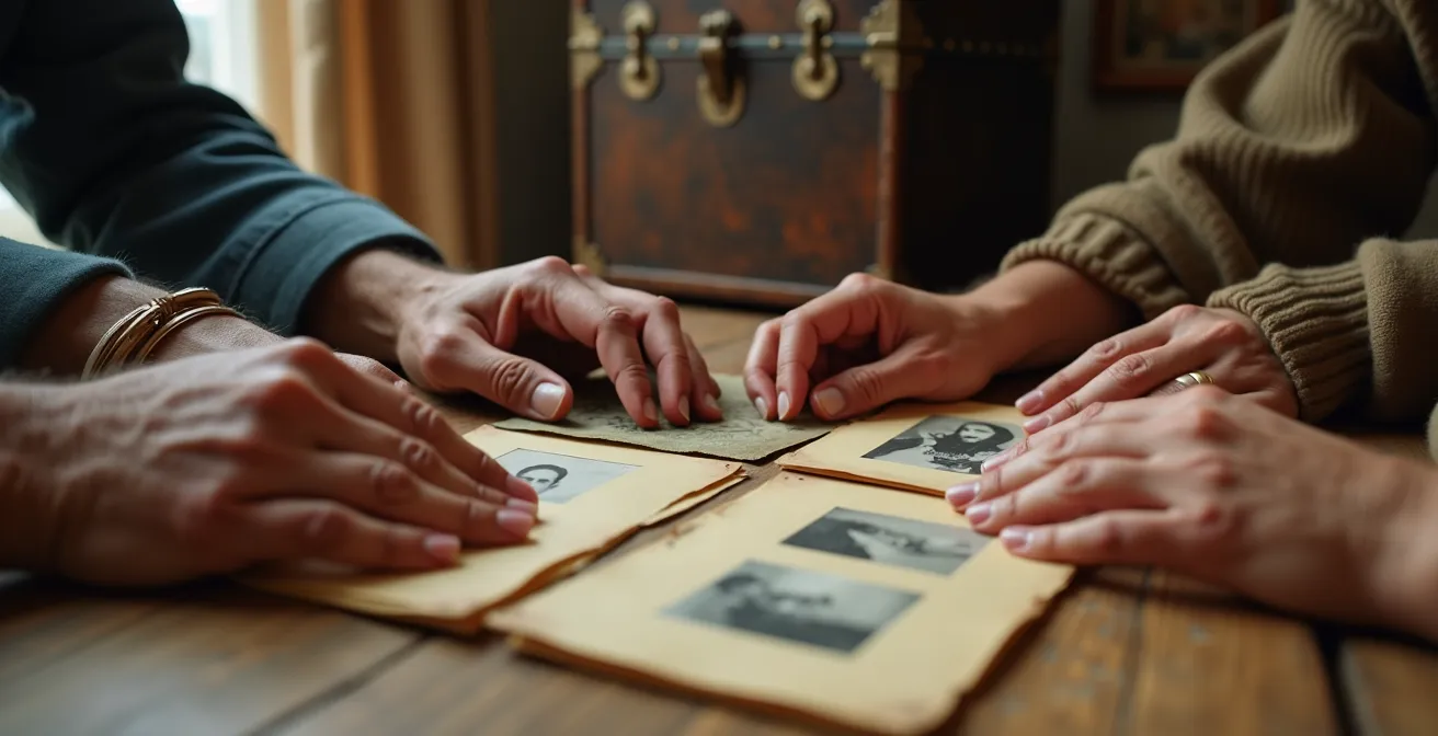 Hände verschiedener Generationen halten gemeinsam alte Fotografien und Dokumente