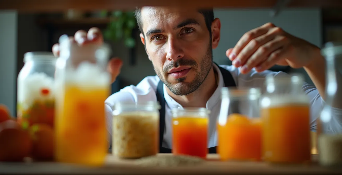 Fermentationsgefäße mit verschiedenen fermentierten Lebensmitteln in einer professionellen, modernen Küche.