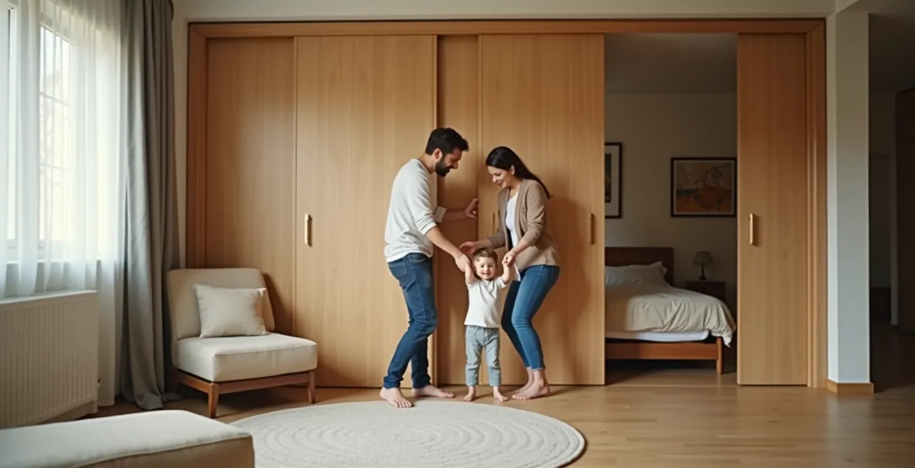 Innenraum mit beweglichen Wandelementen und multifunktionalen Möbeln, in dem eine Familie interagiert