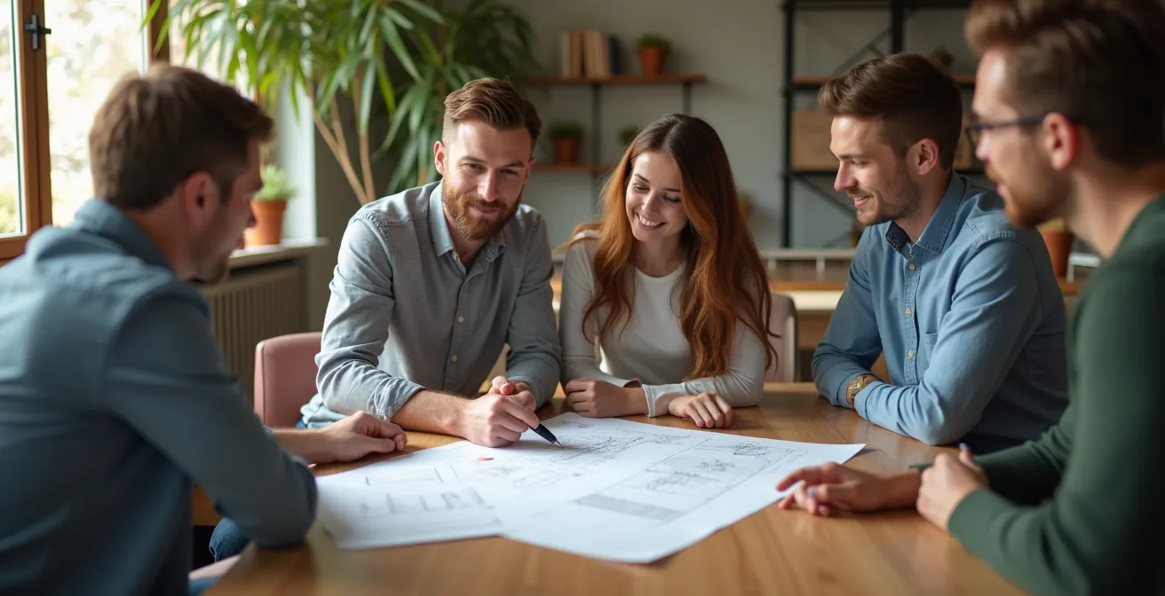 Beratungsgespräch zwischen Bauherren und Energie-Effizienz-Experten mit Bauplänen