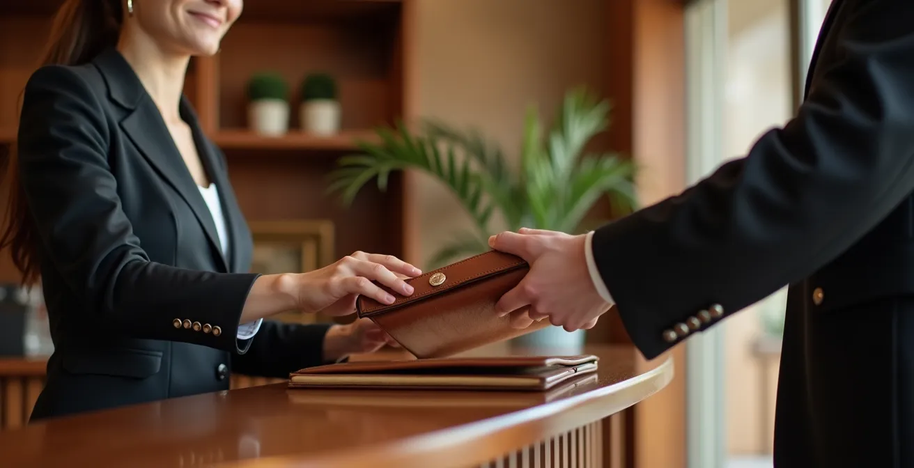 Hotelrezeptionist überreicht personalisierte Willkommensmappe an Gast