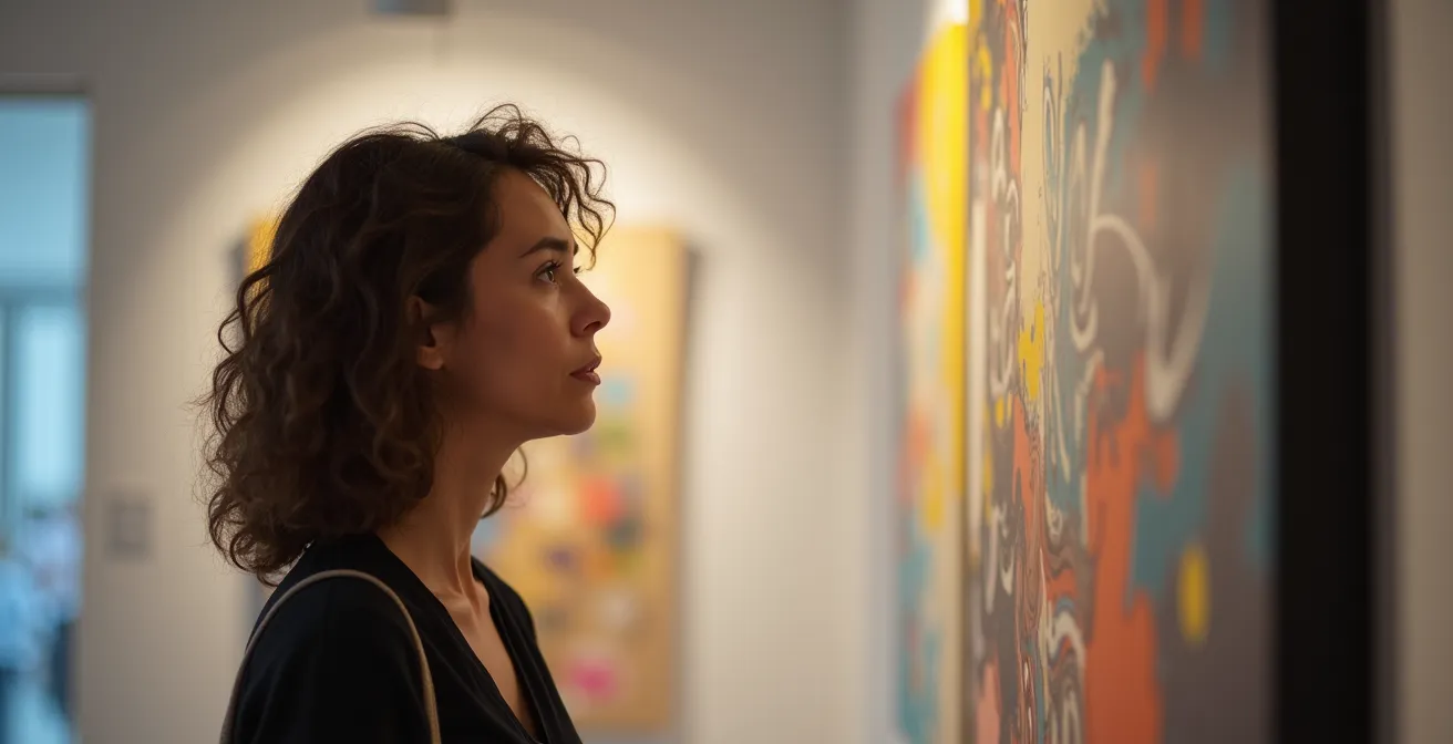 Nahaufnahme eines Galeriebesuchers im Dialog mit einem abstrakten Kunstwerk