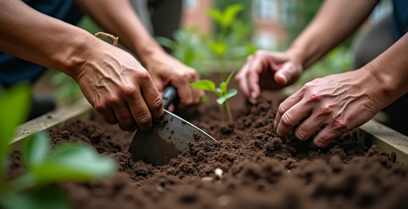 Blick in den begrünten Innenhof eines Mehrgenerationenhauses mit spielenden Kindern und Erwachsenen