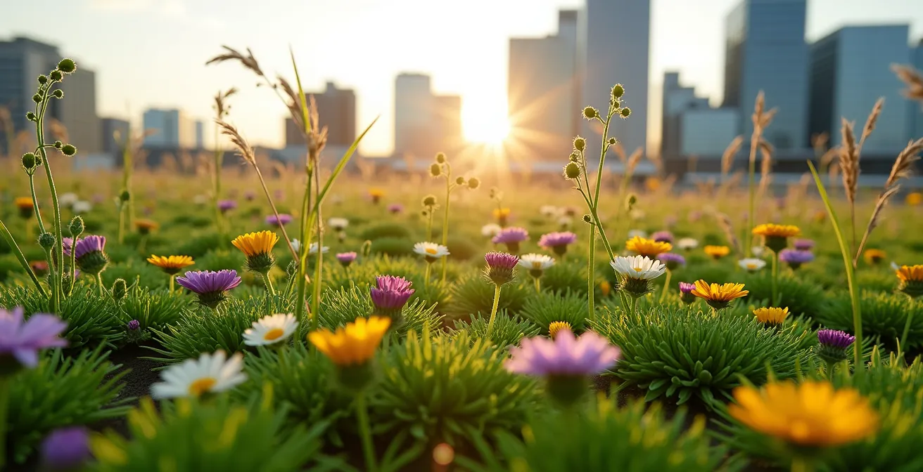 Weitwinkelaufnahme eines blühenden Gründachs mit heimischen Wildpflanzen und Insekten