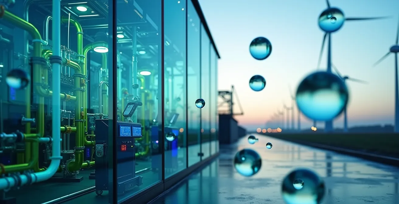 Moderne Wasserstoff-Elektrolyseanlage mit Windrädern im Hintergrund