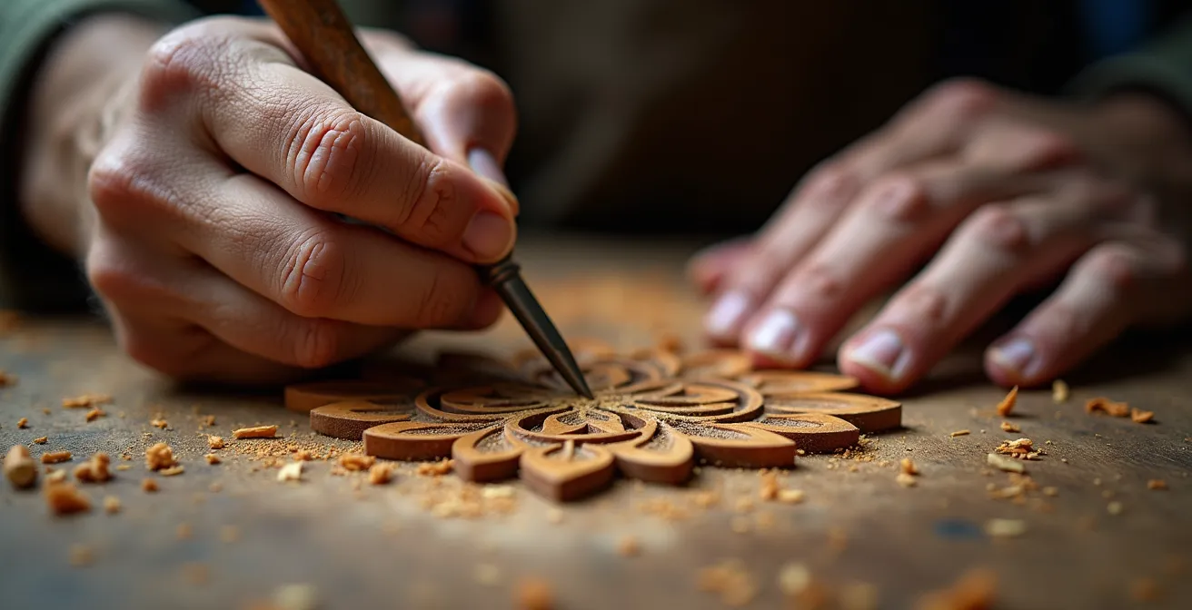 Extreme Nahaufnahme traditioneller Handwerkskunst mit sichtbaren Texturen und Werkzeugspuren