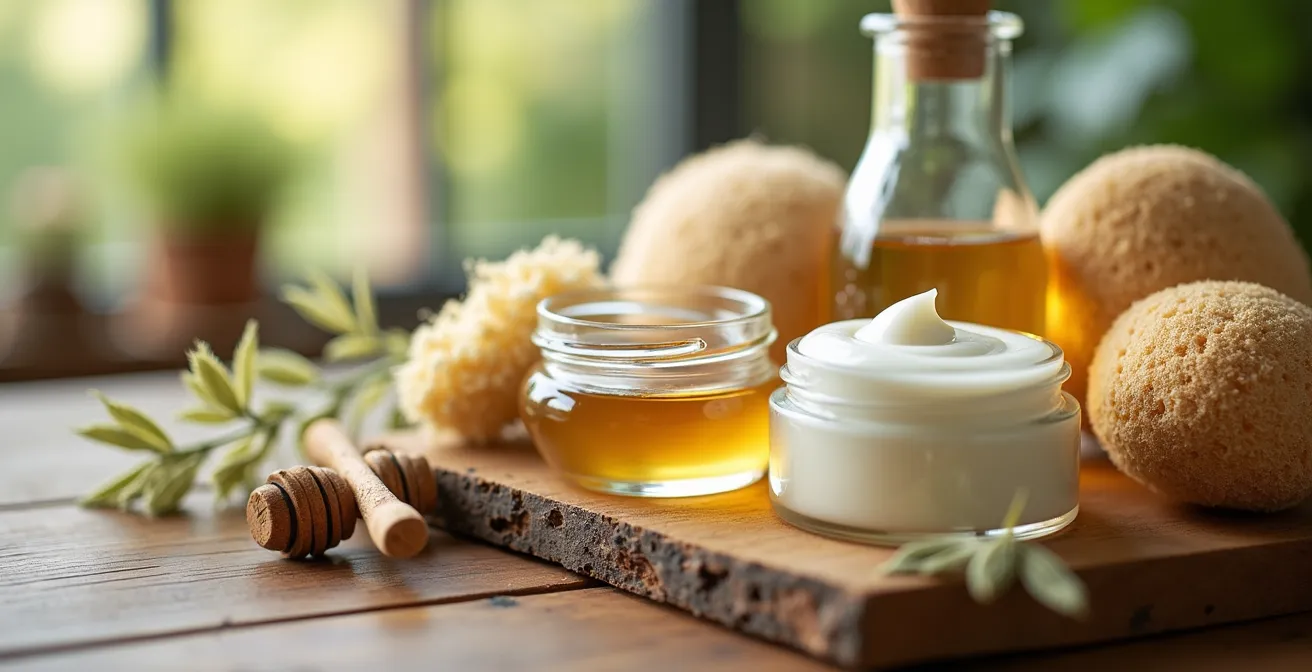 Minimalistische Hautpflege-Produkte in natürlichem Licht arrangiert