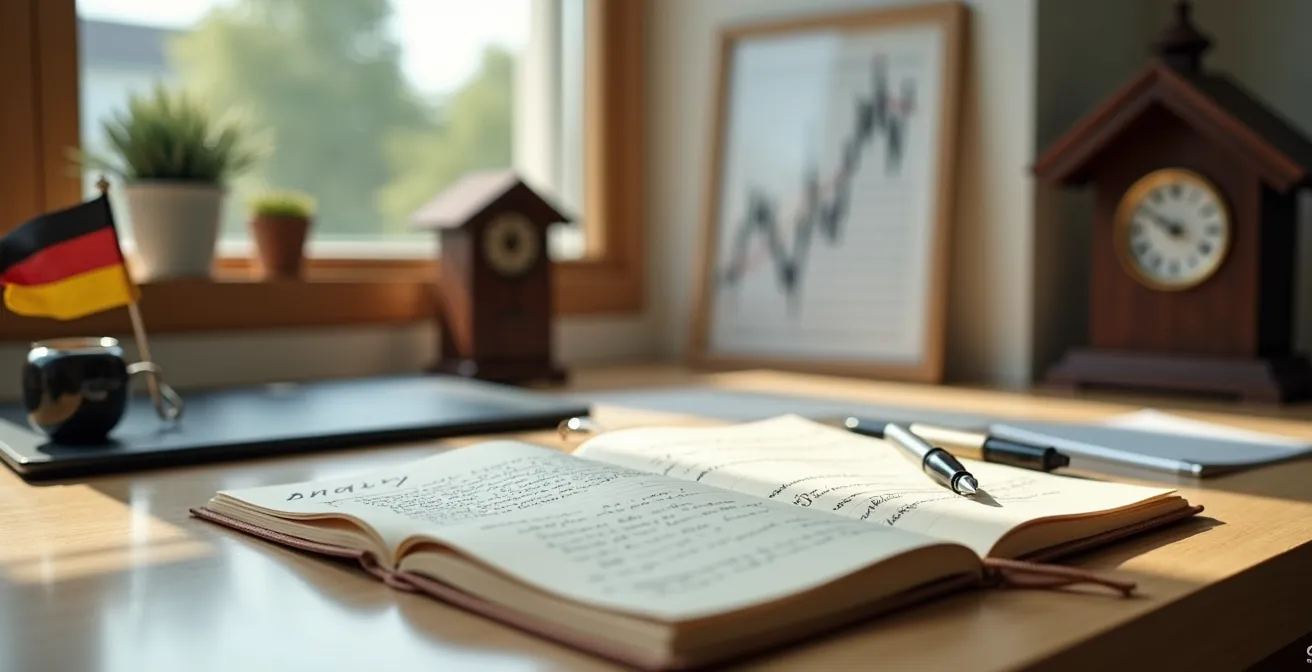 Ein aufgeschlagenes Notizbuch mit handschriftlichen Anlagerichtlinien liegt auf einem aufgeräumten deutschen Schreibtisch.