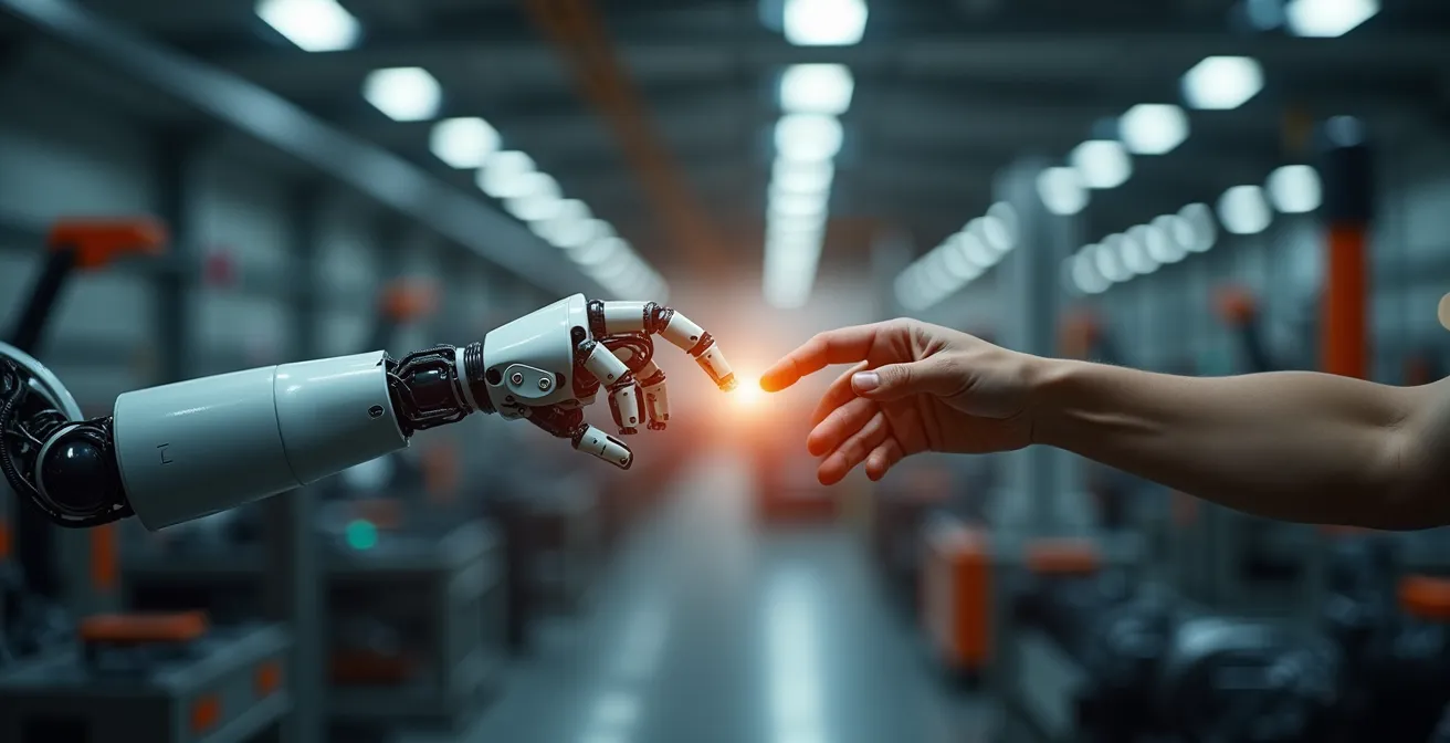 Mensch und Roboter arbeiten gemeinsam in moderner Fabrik