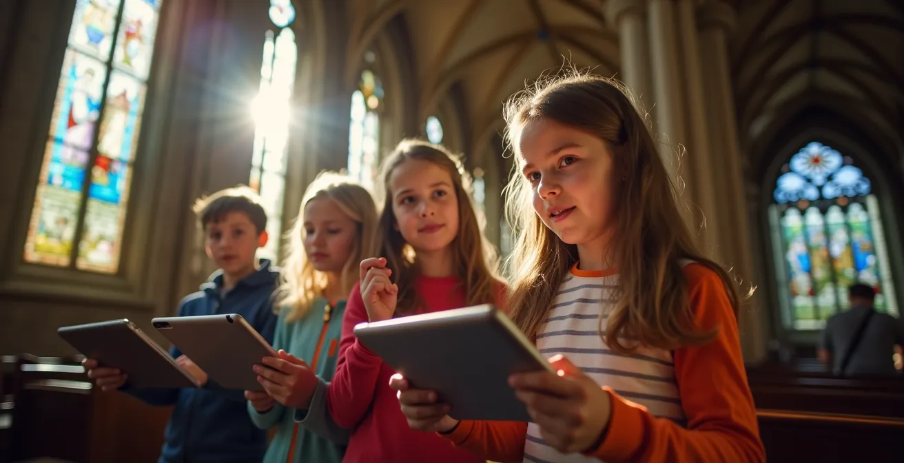 Schulkinder mit Tablets erkunden ein historisches Gebäude durch eine digitale Schnitzeljagd und zeigen dabei Begeisterung.