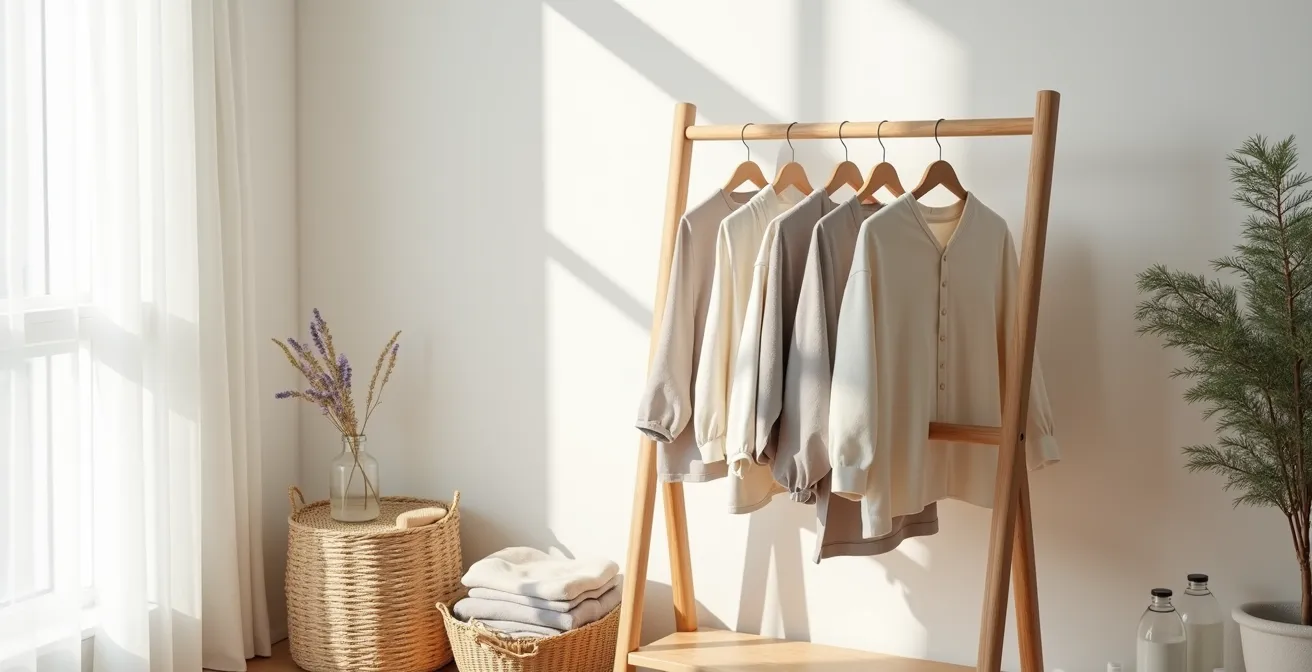 Minimalistische Darstellung nachhaltiger Kleiderpflege in einem hellen Raum
