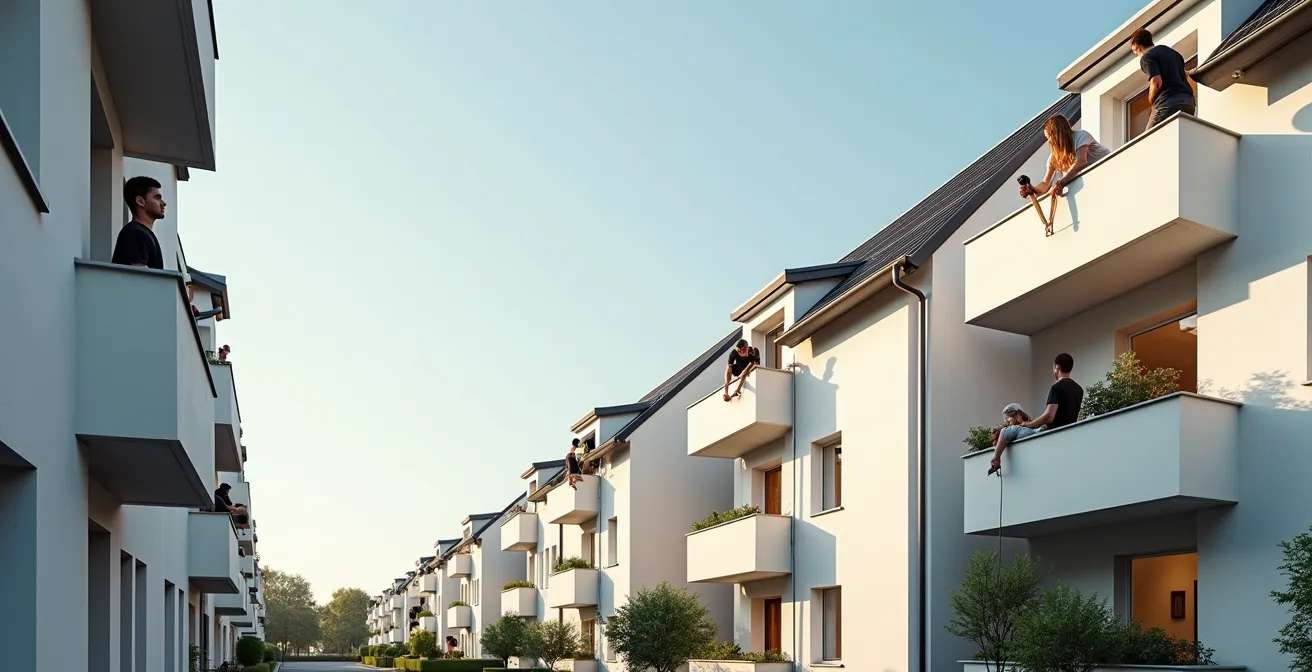 Eine Nachbarschaftsinitiative in einem deutschen Wohnviertel, in der Bewohner sich gegenseitig helfen, Balkon-Solaranlagen zu installieren.