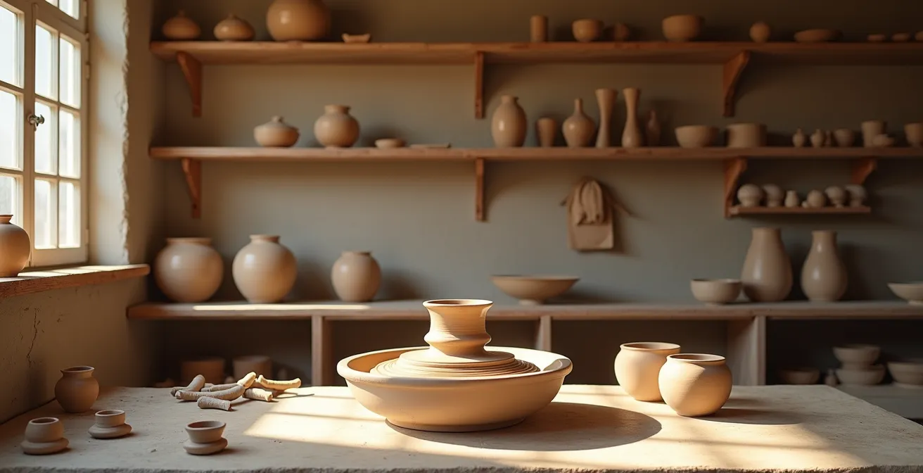 Weitwinkelaufnahme einer ruhigen Töpferwerkstatt mit sanftem Nachmittagslicht, die zu kreativer Entspannung einlädt.