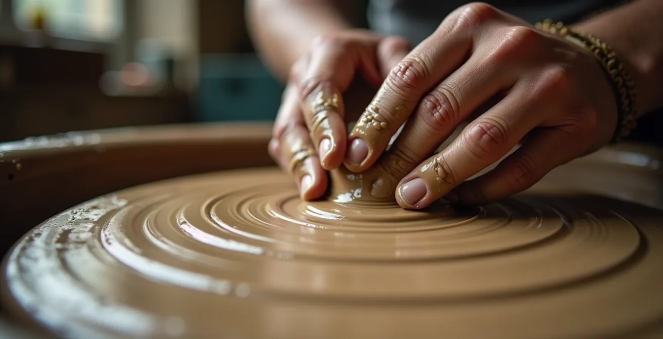 Nahaufnahme von Händen beim Töpfern in einer deutschen Volkshochschule