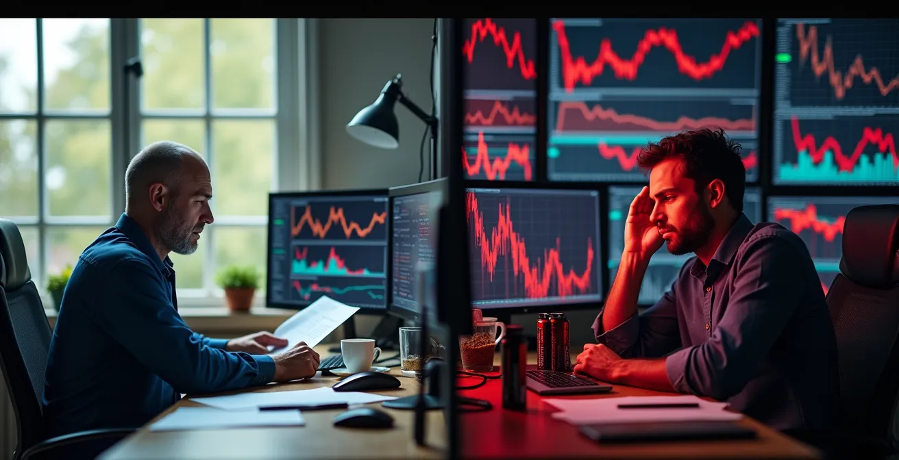 Visueller Vergleich zwischen einem entspannten Langfrist-Investor in seinem Büro und einem gestressten Daytrader vor mehreren Monitoren.