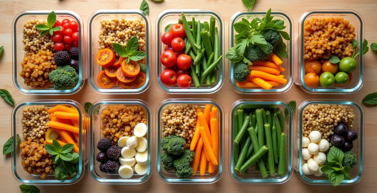 Glascontainer mit vorbereitetem Essen für die Woche auf Holztisch
