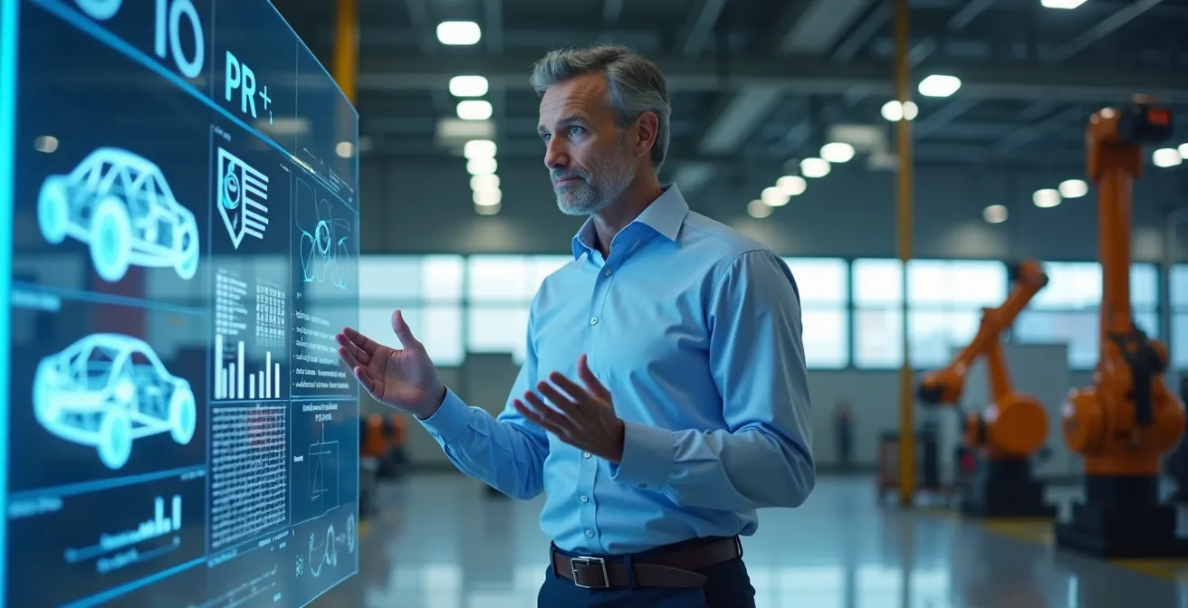 Ein Ingenieur arbeitet an einem deutschen Arbeitsplatz vertrauensvoll mit einer KI zusammen, die komplexe Daten visualisiert.