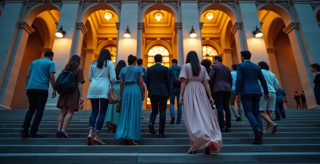 Diverse Opernbesucher in unterschiedlichen Kleidungsstilen vor historischem Opernhaus