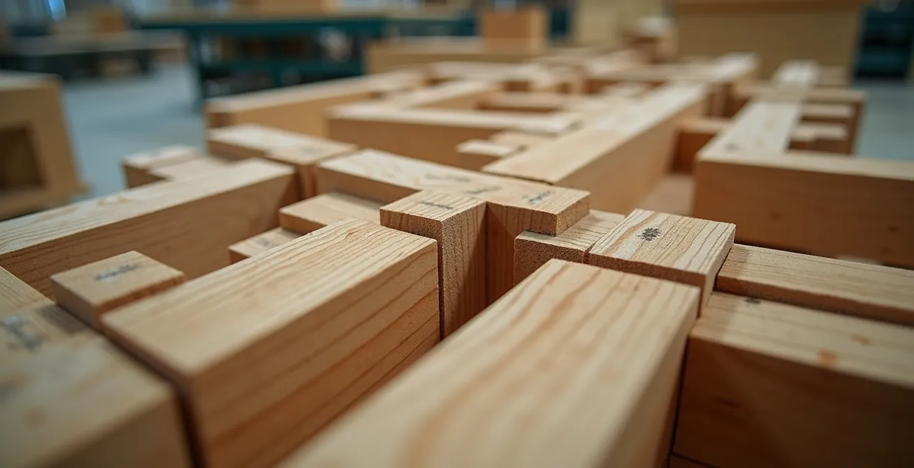 Detailaufnahme von präzise gefertigten Holzmodulen in der Produktion, die handwerkliche Qualität zeigt