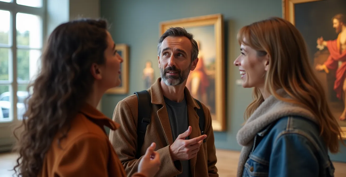 Gruppe von Museumsbesuchern in lebhafter Diskussion vor einem Kunstwerk