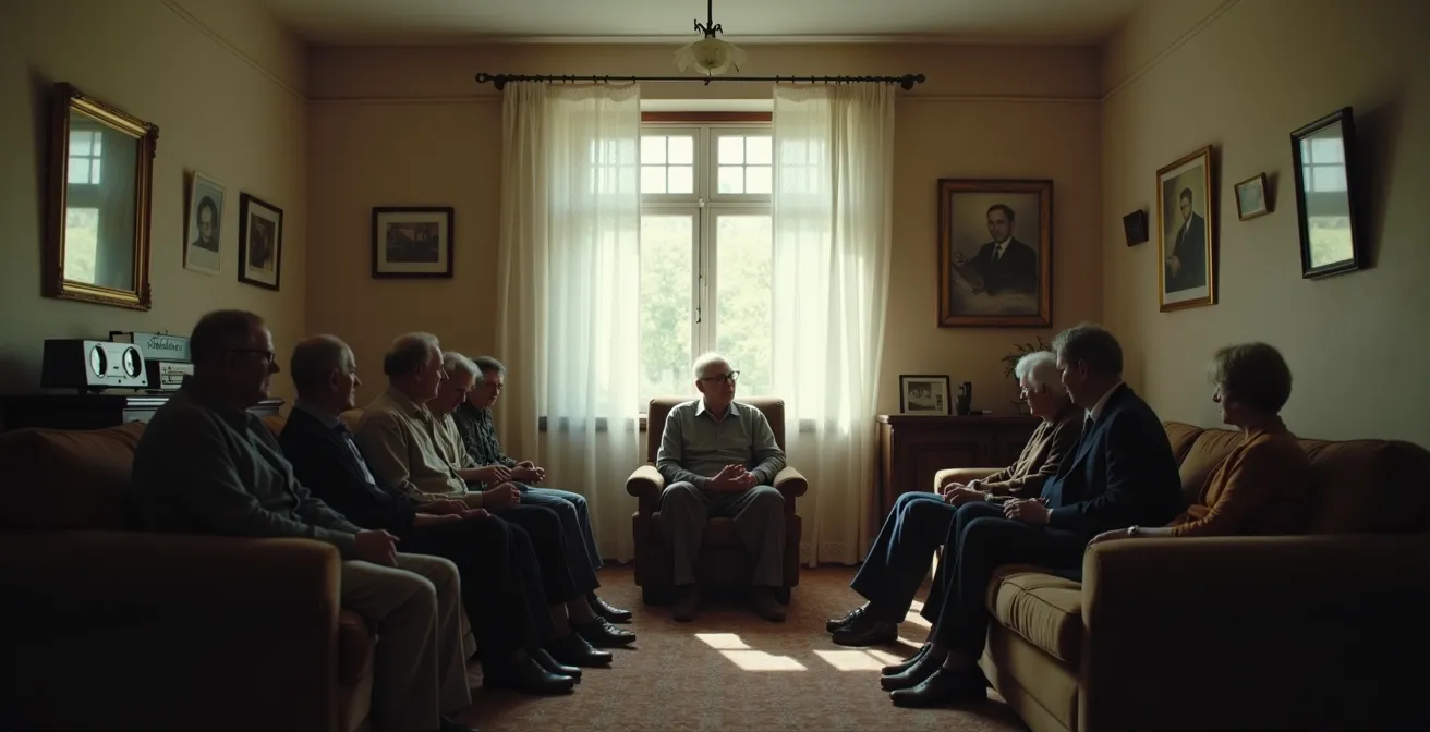 Älterer Zeitzeuge erzählt seine Geschichte einer kleinen Reisegruppe in historischem Ambiente