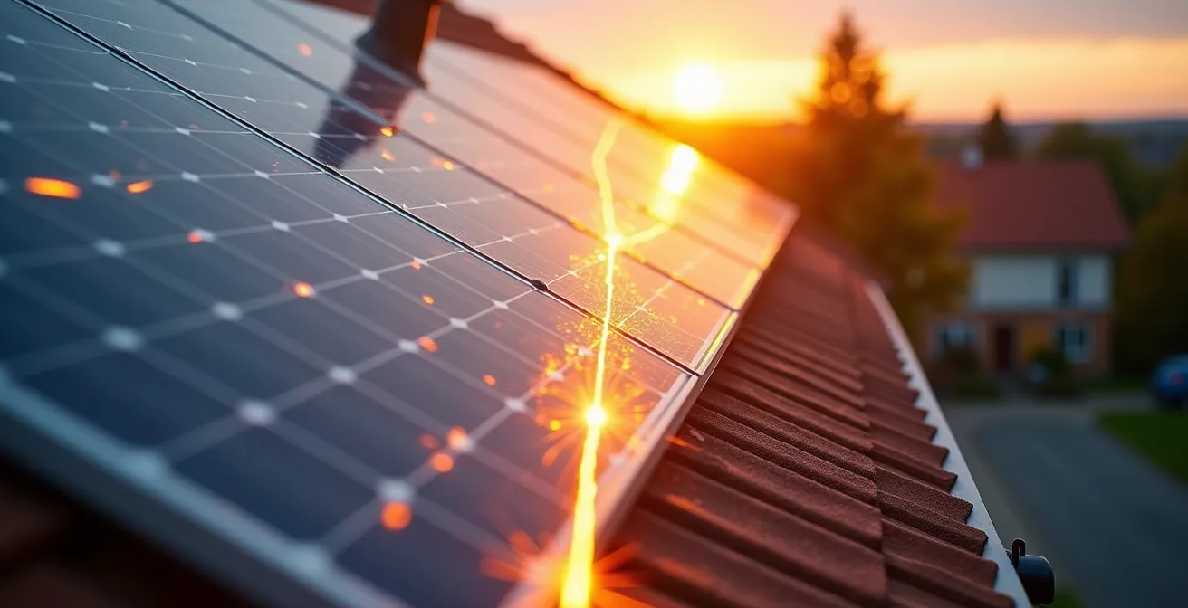 Nahaufnahme von Hybrid-Solarmodulen auf typisch deutschem Ziegeldach