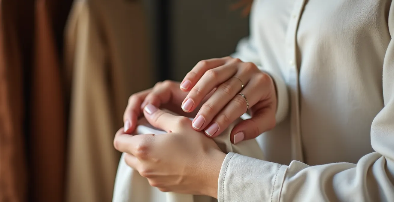 Detailaufnahme einer Qualitätsprüfung von Kleidungsnähten und Verarbeitung