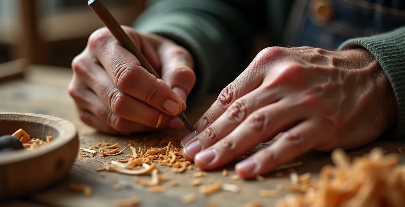 Nahaufnahme der Hände eines alten Handwerkers, der einem jungen Lehrling eine traditionelle Technik in einer modernen Werkstatt zeigt.