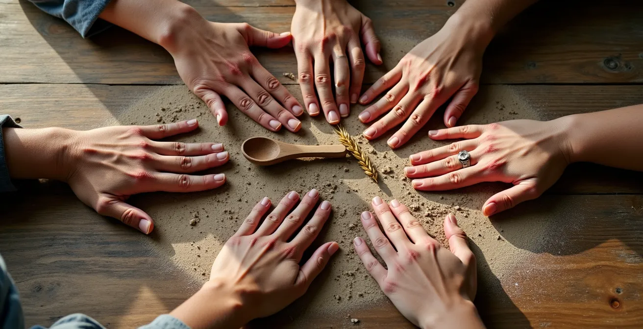 Hände verschiedener Handwerker und Produzenten bilden einen Kreis und symbolisieren die Stärke eines regionalen Netzwerks.