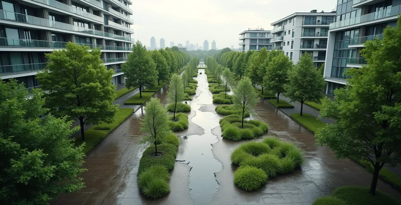 Weitwinkelaufnahme einer grünen Stadtlandschaft mit Versickerungsflächen nach Regen