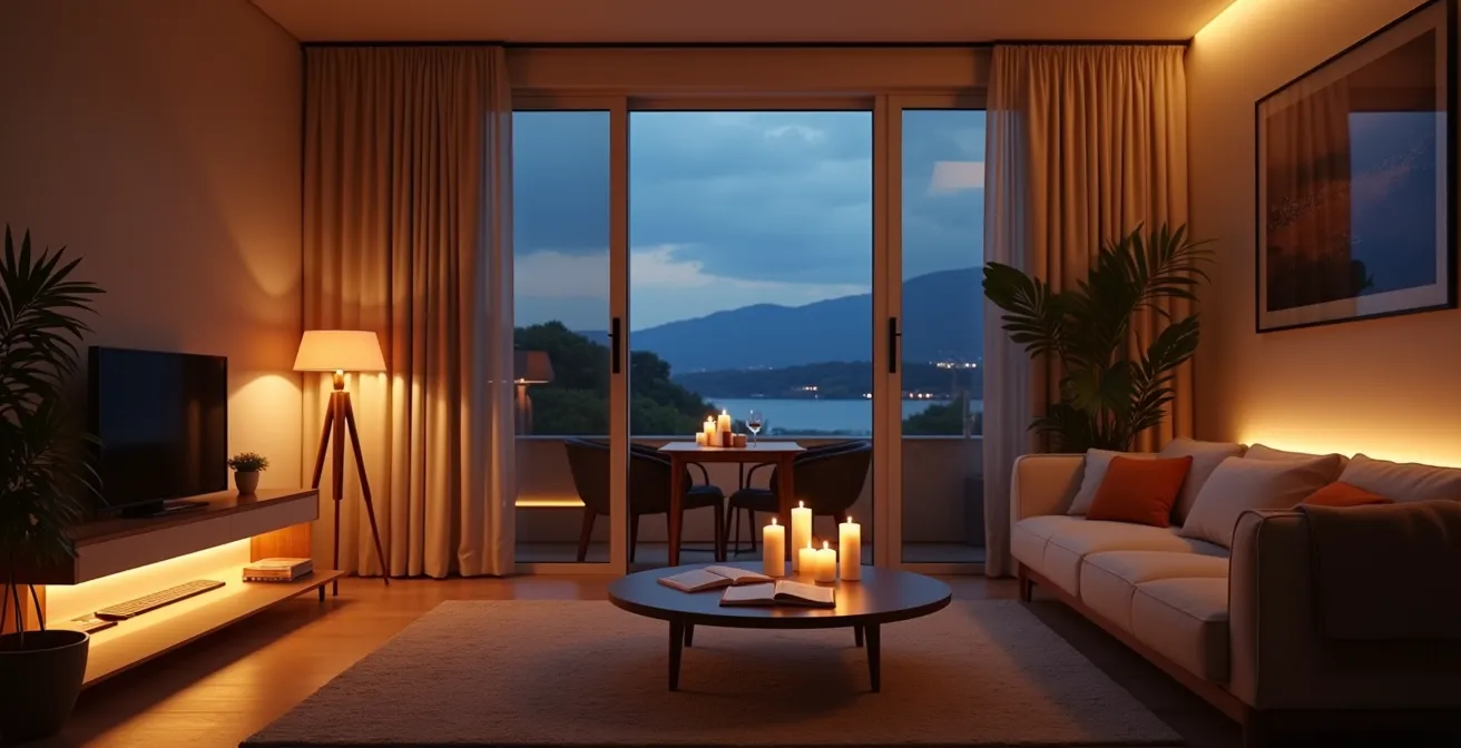 Atmosphärische Abendbeleuchtung in einer gemütlichen Ferienwohnung