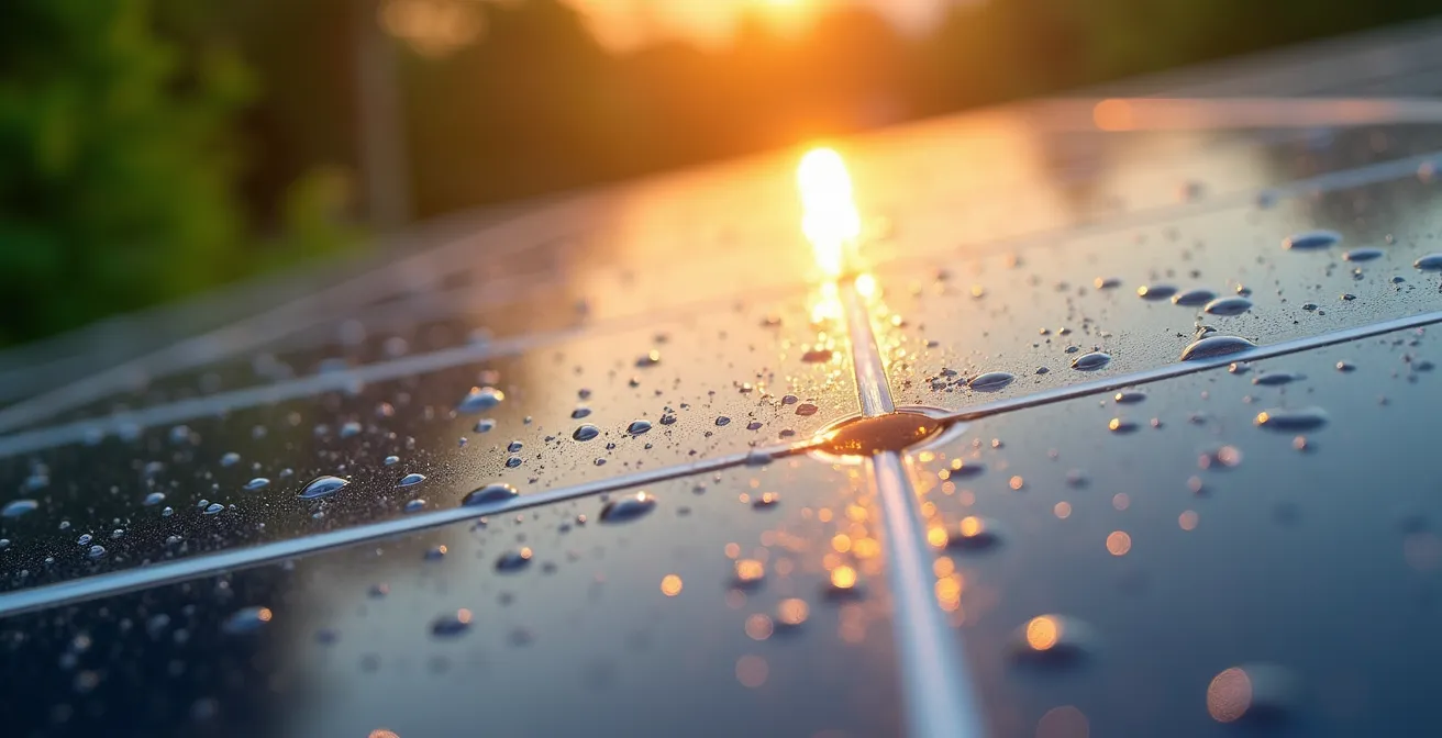 Makroaufnahme eines Solarpanels mit Tautropfen und natürlichen Strukturen