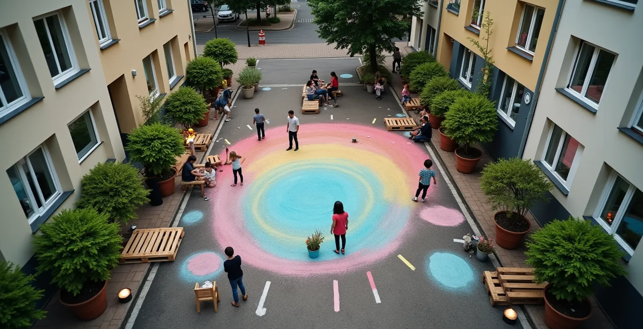 Anwohner gestalten gemeinsam einen Parkplatz in einen temporären Nachbarschaftsplatz um