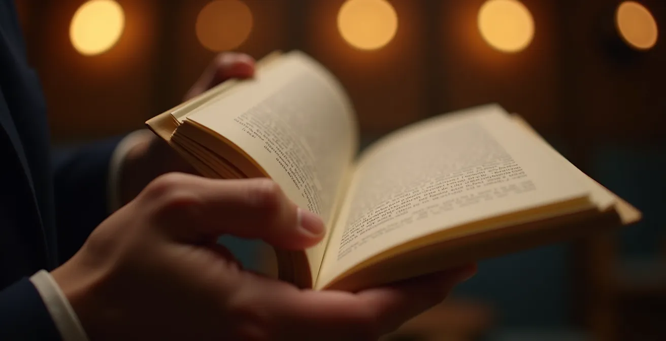 Nahaufnahme von Händen, die ein Theaterprogrammheft durchblättern