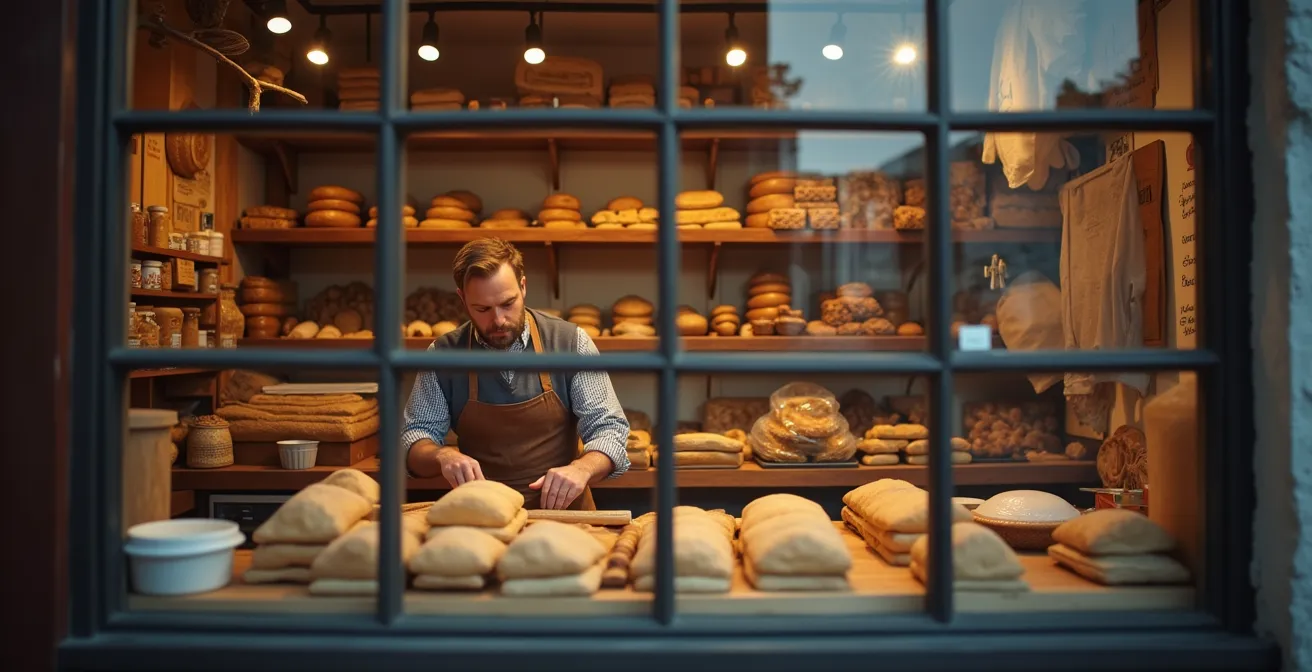 Blick durch ein großes Fenster in eine traditionelle Handwerksstätte, was die Transparenz der lokalen Produktion symbolisiert.
