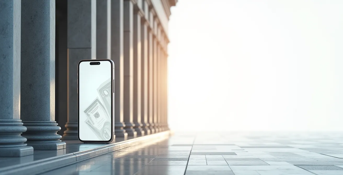 Visuelle Gegenüberstellung von klassischer Bankfiliale und digitaler Banking-App