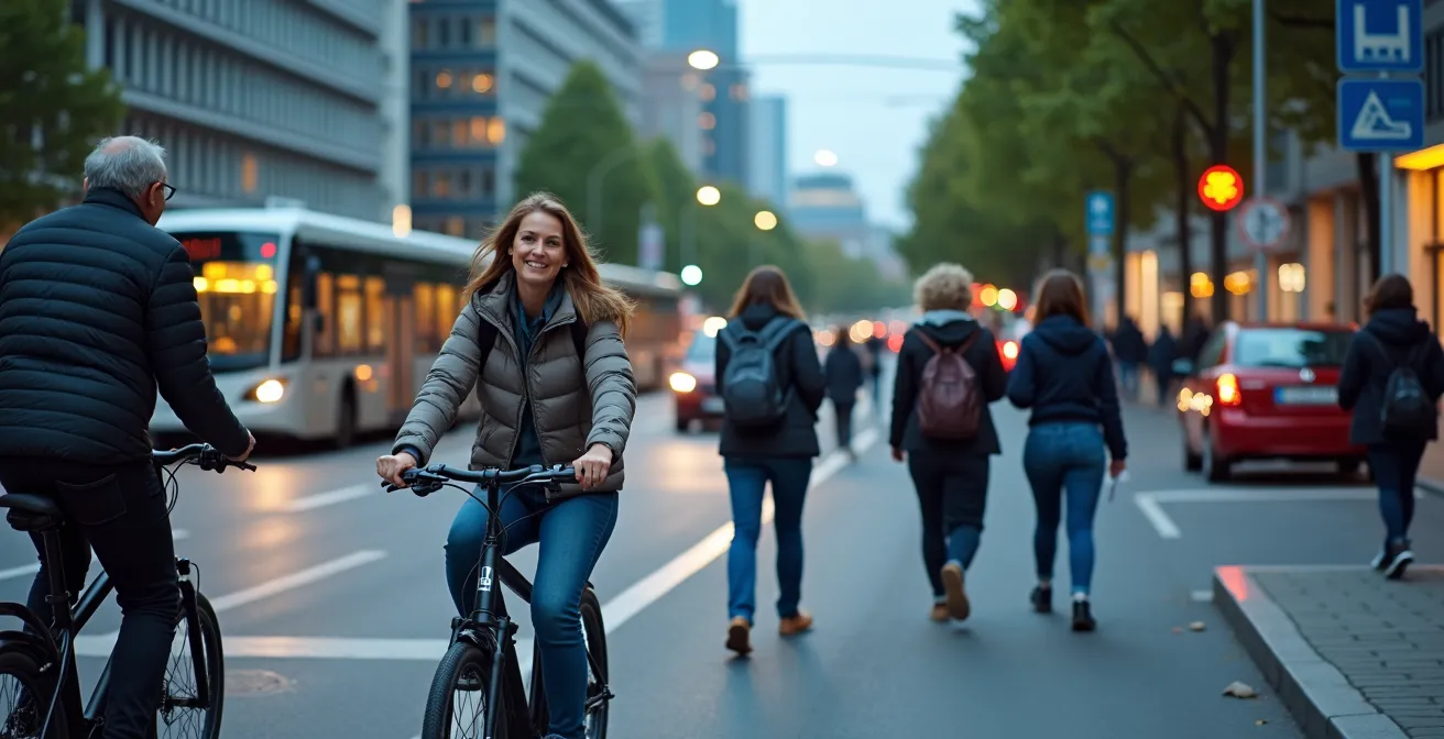 Futuristische urbane Mobilitätslandschaft mit verschiedenen Verkehrsmitteln