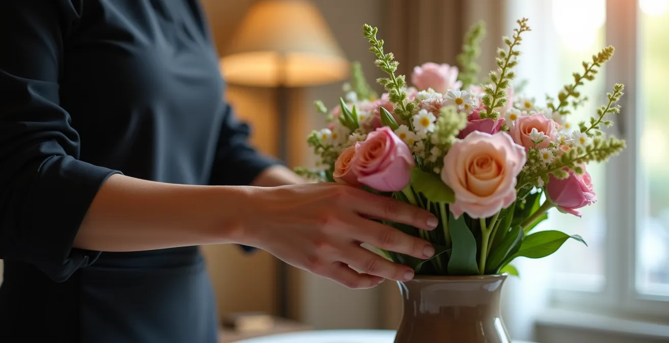 Hotelconcierge arrangiert diskret persönliche Details im Gästezimmer