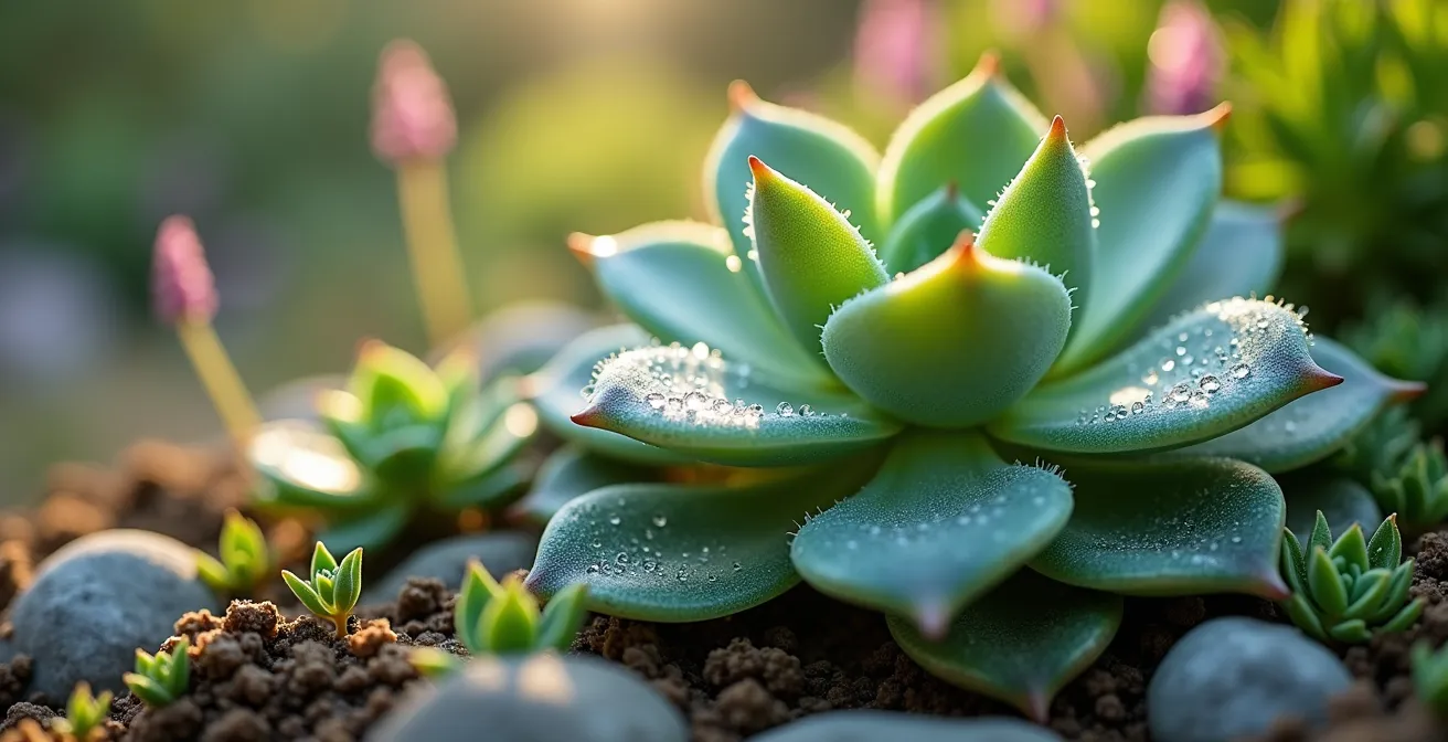 Ein naturnaher deutscher Garten mit heimischen trockenresistenten Pflanzen und Regenwassersammelsystem
