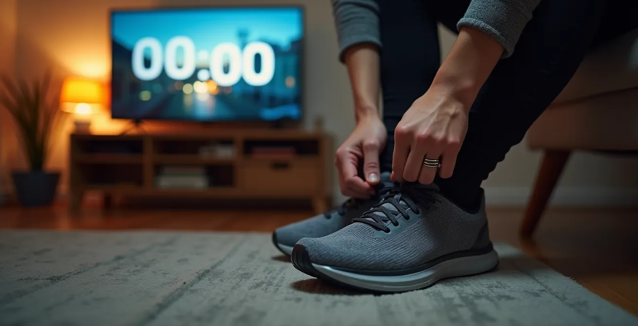 Eine Person zieht in einem deutschen Wohnzimmer ihre Sportschuhe an, während im Hintergrund der Fernseher zur Zeit der Tagesschau läuft.