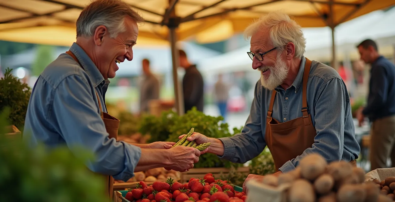 Lebendiger deutscher Wochenmarkt mit Direkterzeugern und saisonalen Produkten