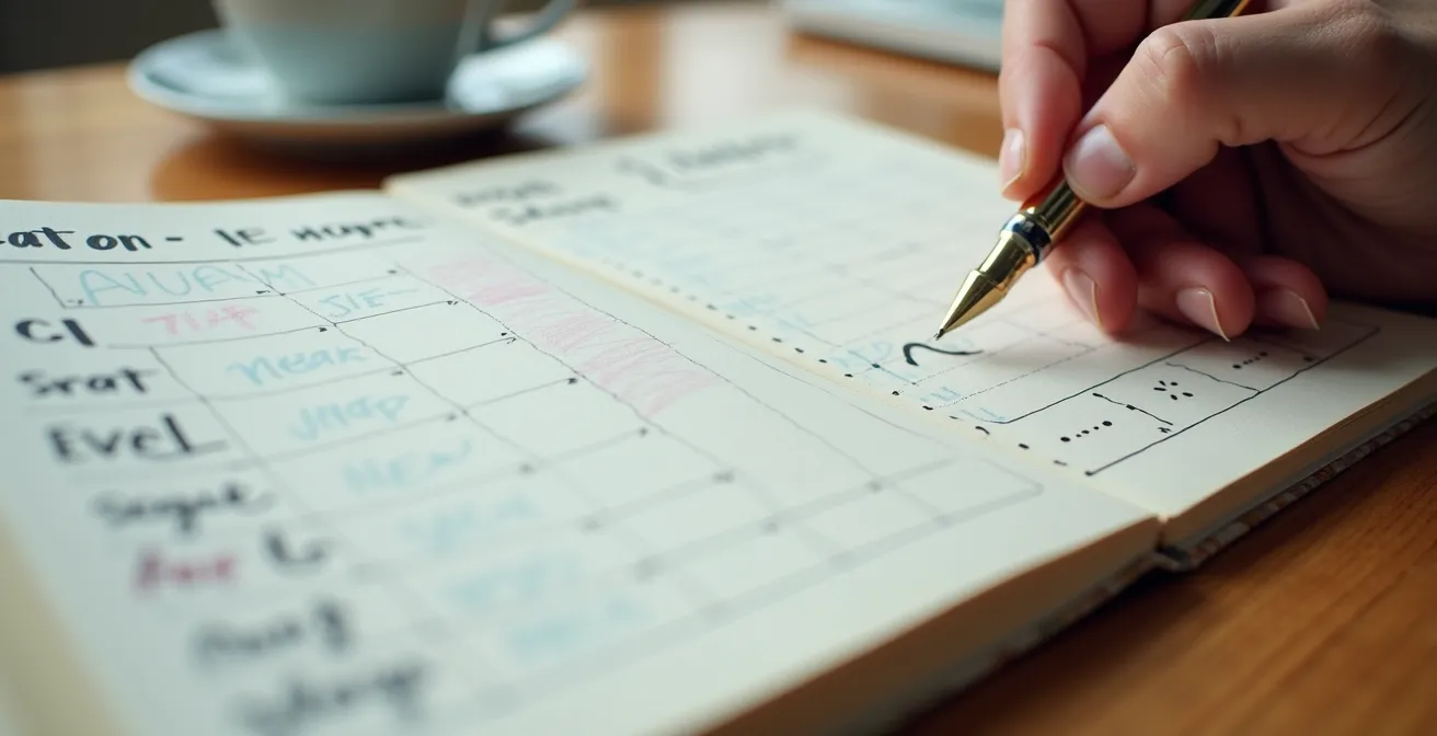 Nahaufnahme eines handschriftlichen Tagebuchs, in dem mit einfachen Symbolen das Energielevel und die Schlafqualität getrackt werden.