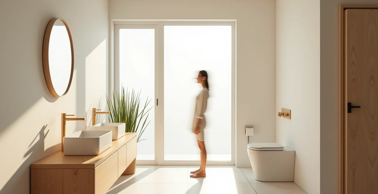 Weitwinkelaufnahme einer hellen, minimalistischen Badezimmerszene mit natürlichem Morgenlicht