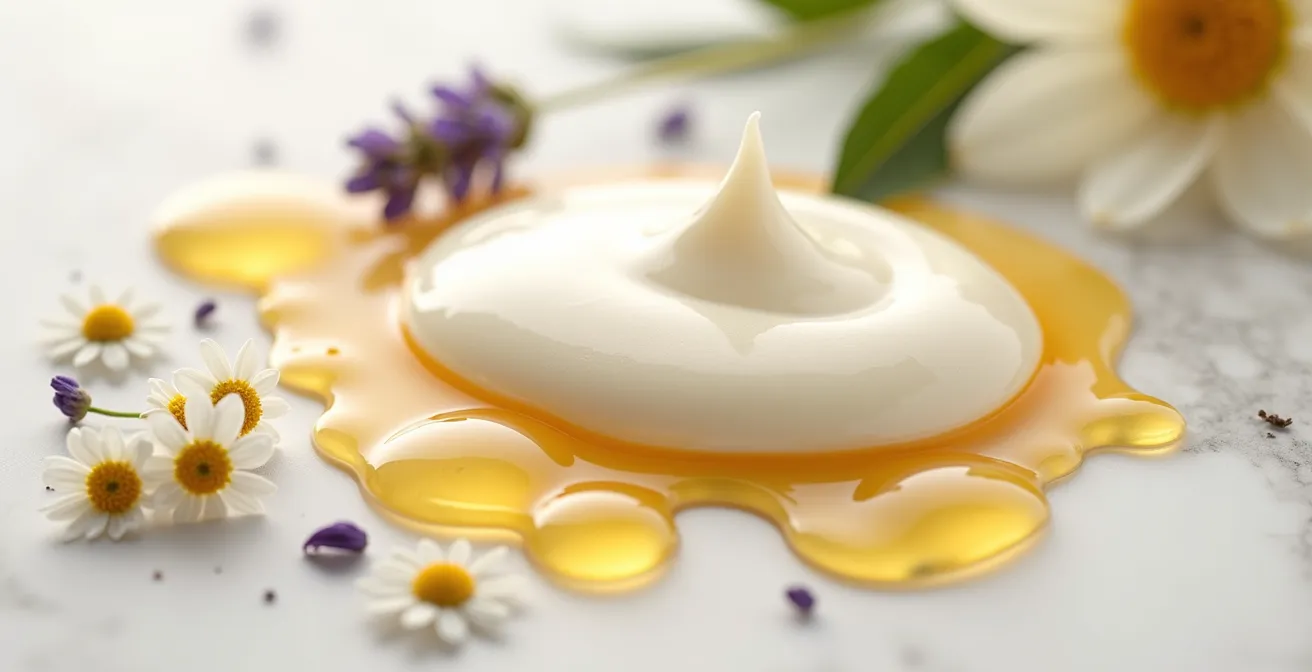 Makroaufnahme von natürlichen Hautpflegeprodukten mit Texturen und botanischen Elementen