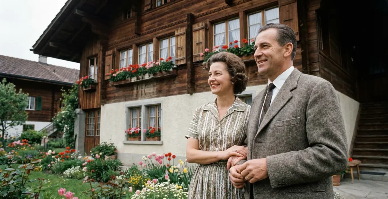 Ehepaar betrachtet Schweizer Einfamilienhaus zur Immobilienbewertung