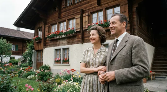 Ehepaar betrachtet Schweizer Einfamilienhaus zur Immobilienbewertung