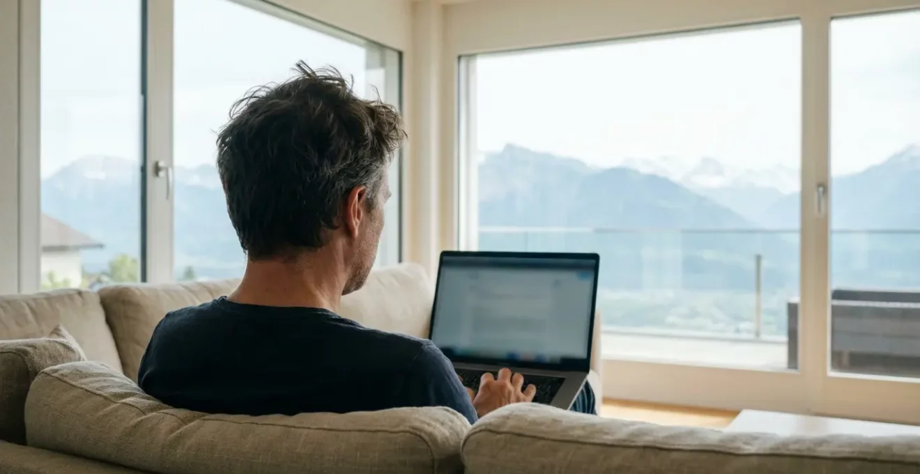 Person analysiert Immobilienbewertung am Laptop im Schweizer Wohnzimmer